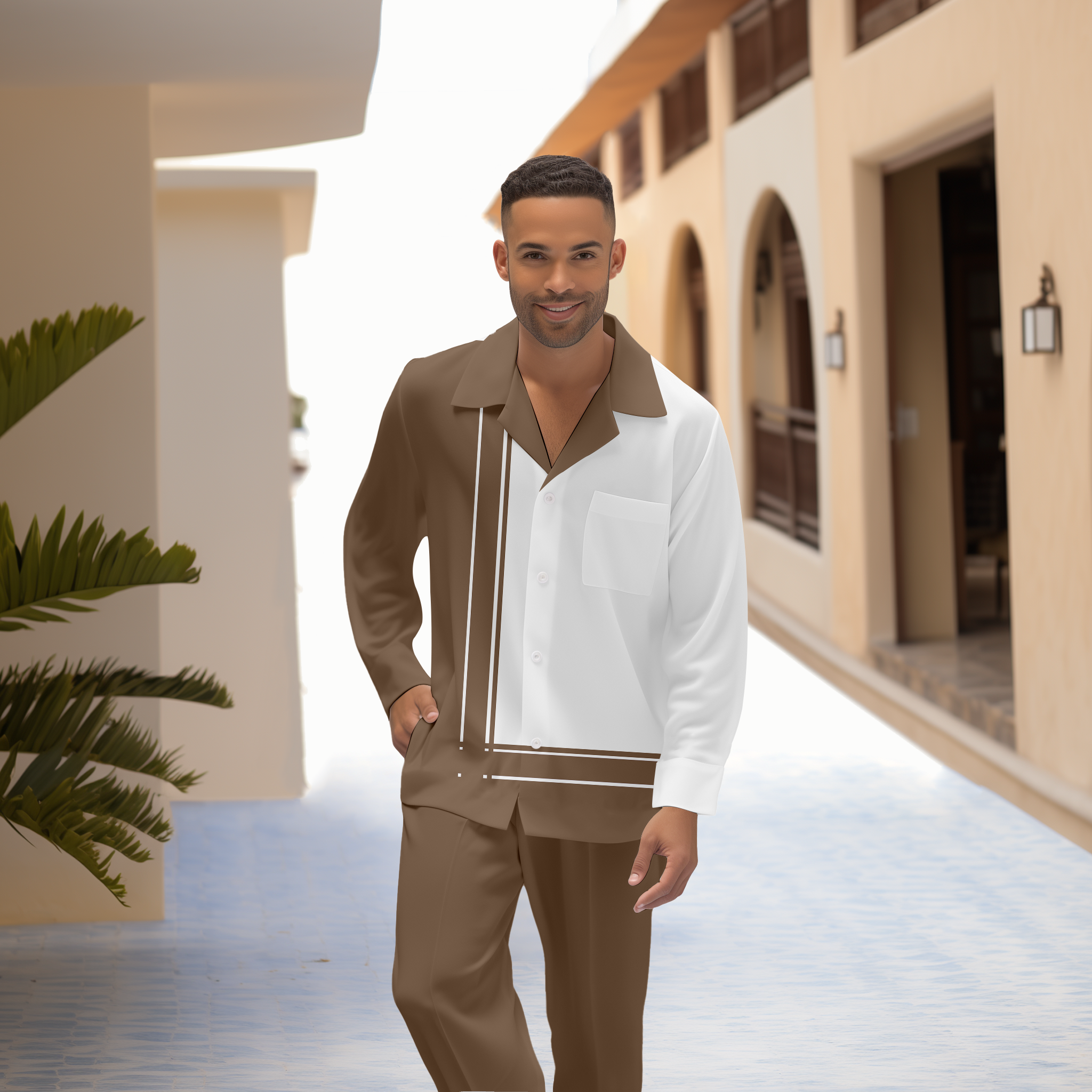 Camisa Colorblock estampado de manga larga casual Walking Suit 1456 para hombre