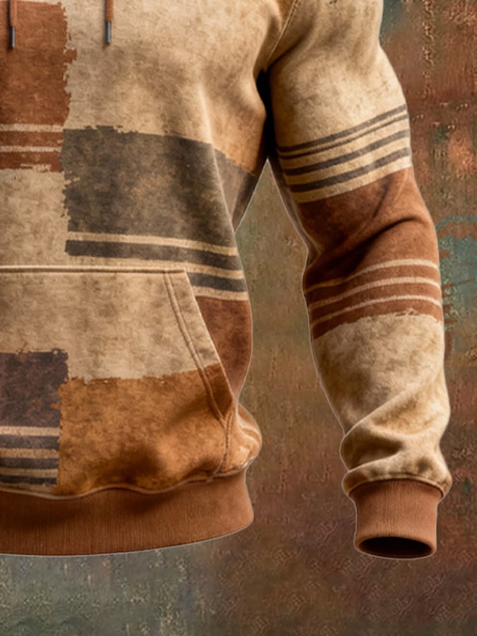 Sudadera retro desgastado en bloques de color estampado casual de manga larga para hombre