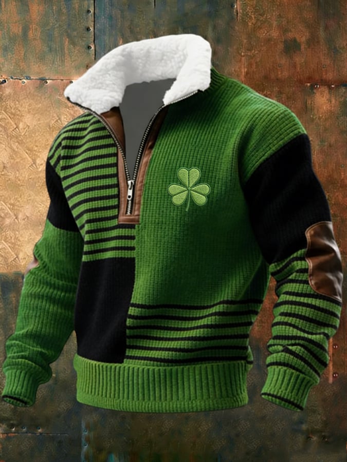 Sudadera retro St. Patrick estampado jacquard cierre Fur cuello de manga larga para hombre