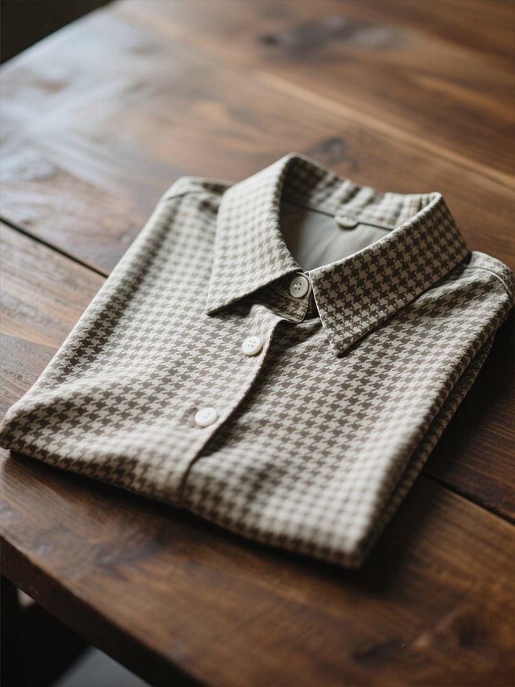 Camisa ejecutivo casual Grey Houndstooth solapa de manga corta para hombre