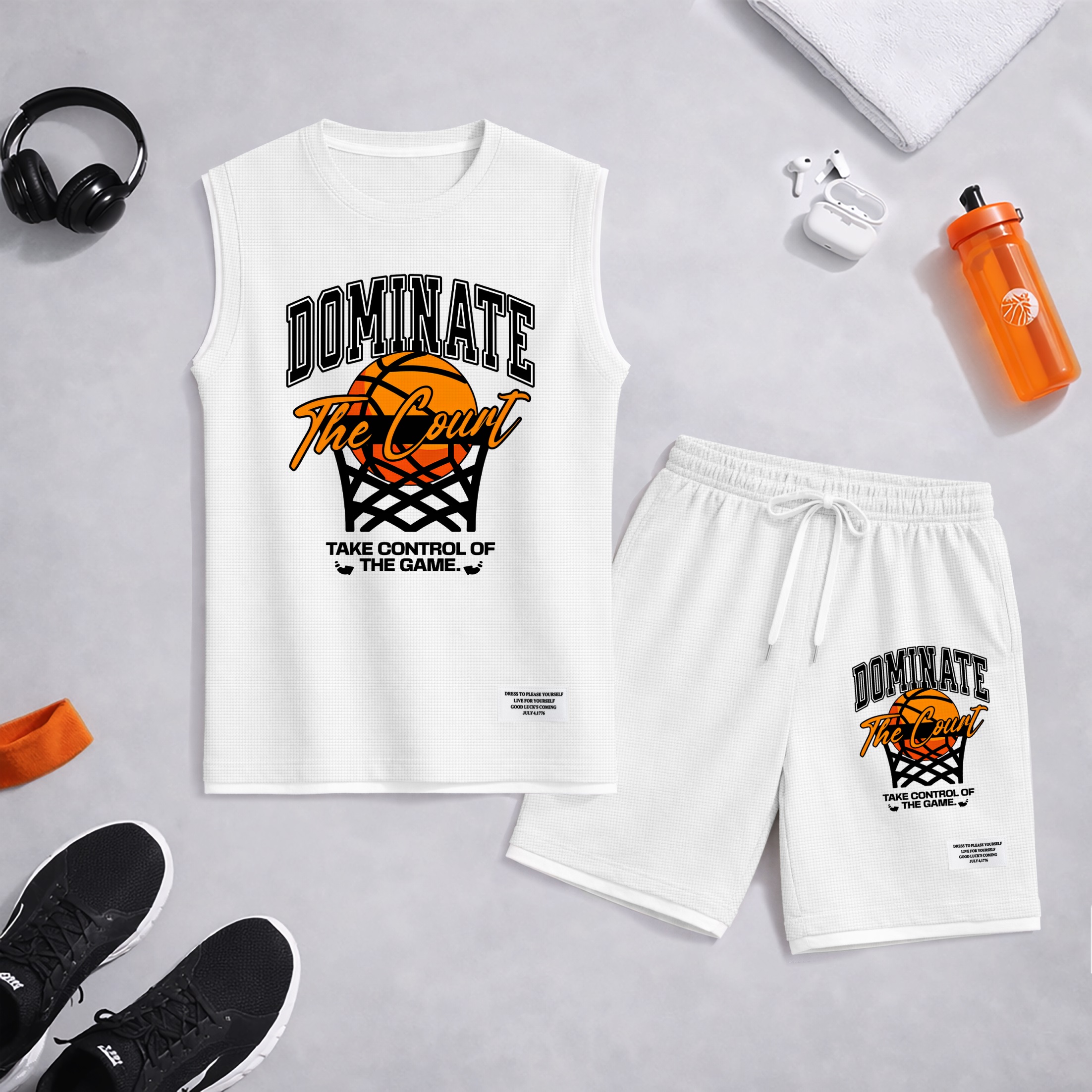 Shorts Basketball Graphic estampado Summer Set Sleeveless Tank Top & Matching Outfit, “Dominate The Court” Letter estampado with Hoop & Ball Design, Lightweight casual Streetwear Athletic Set for Everyday & para trabajoout para hombre