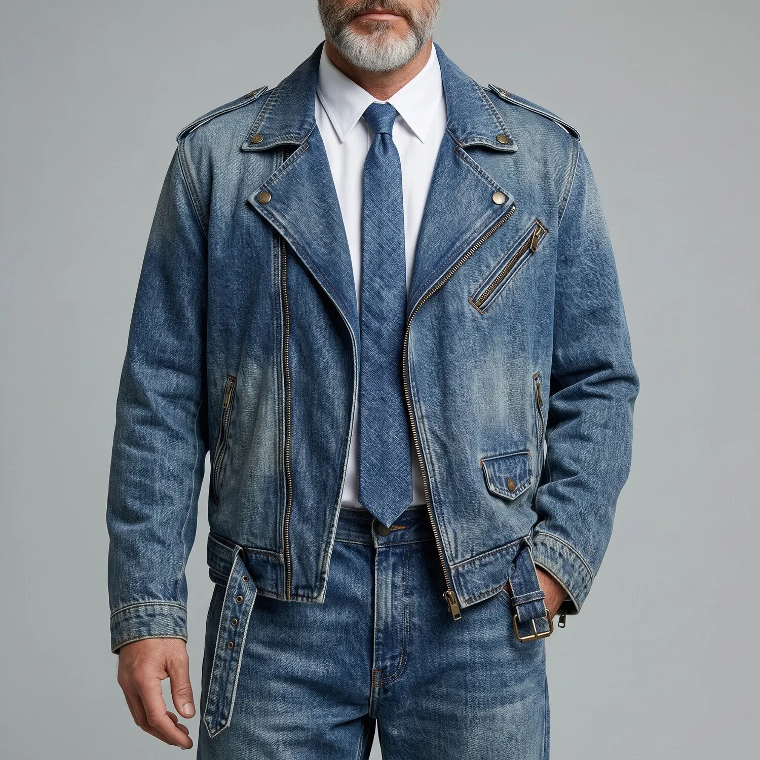 para hombre Blue Notch Lapel Asymmetrical Zipper Multi-Pocket Washed Denim chaqueta
