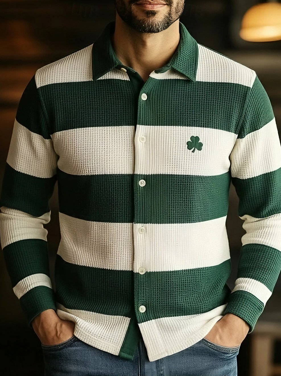 Camisa St. Patrick's Day Shamrock degradado Color Waffle camisa casual camisa de manga larga para hombre