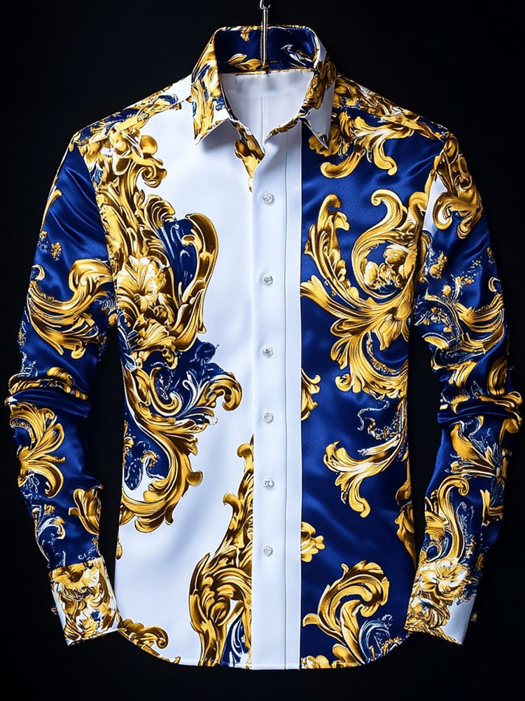 Camisa ejecutivo blue and white de lujo floral de manga larga para hombre