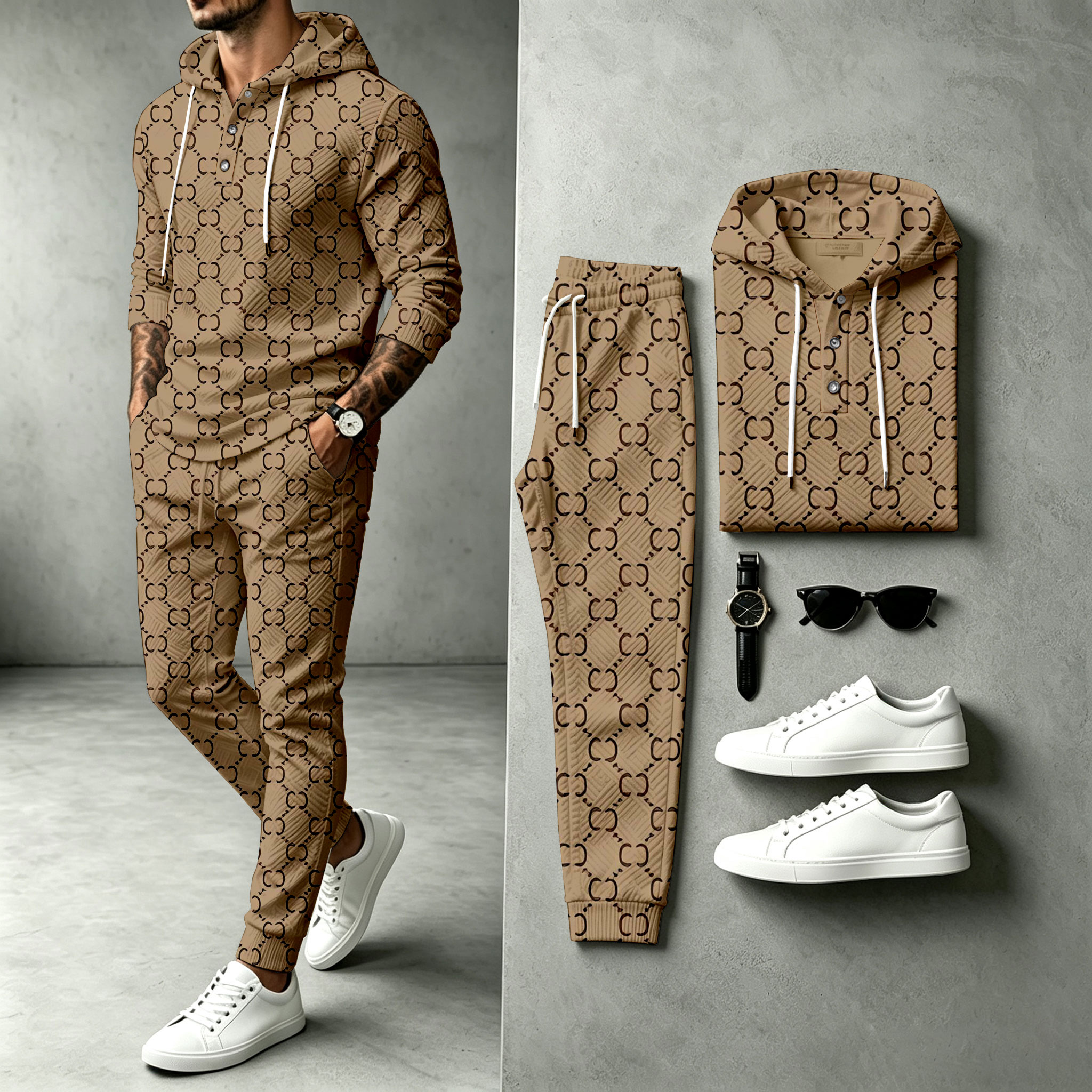 para hombre Khaki Hooded Sweacamiseta and pantalón Set