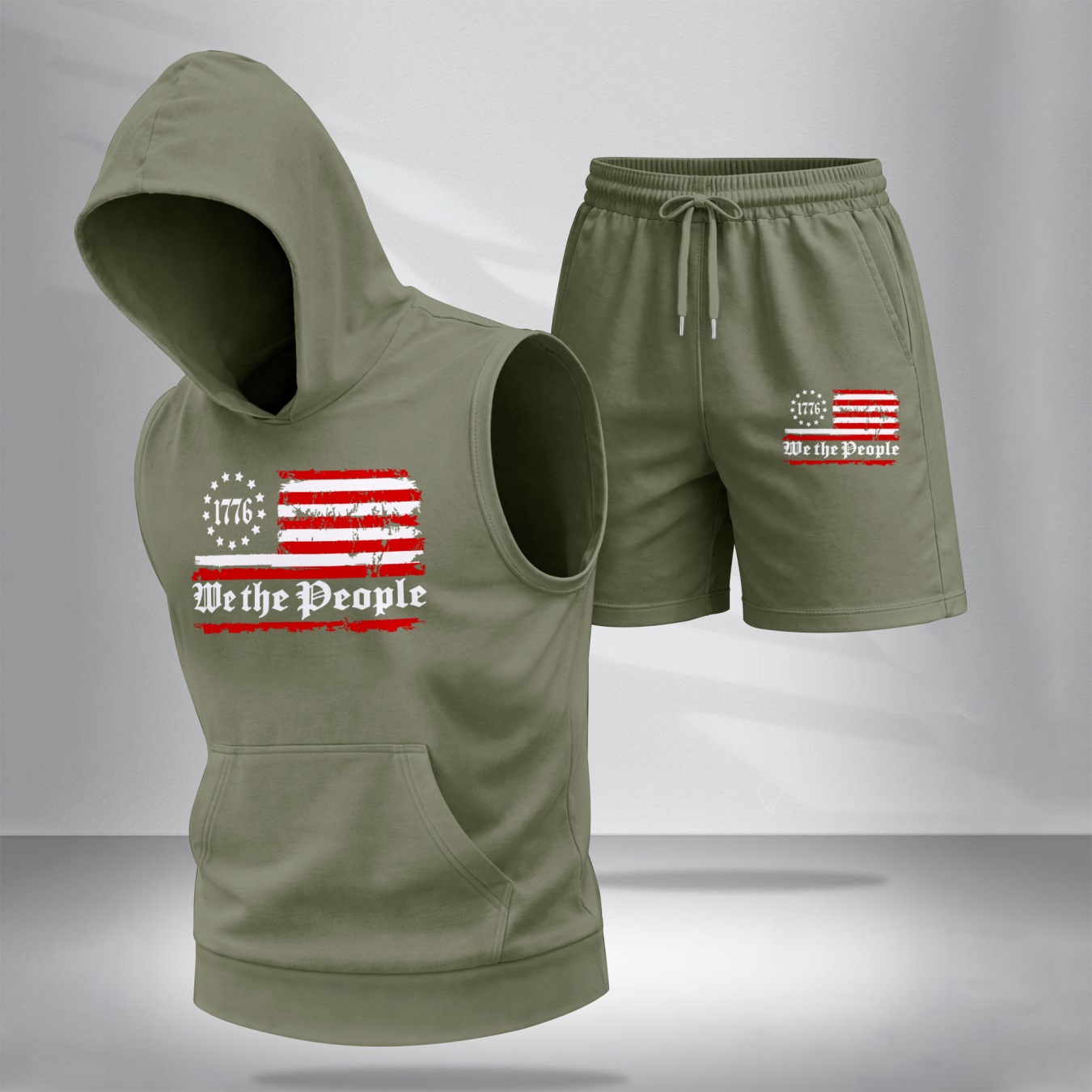 Conjunto de dos piezas American Flag estampadoHooded Tank Top & shorts Set, Regular Fitcasual Athletic de moda Activewear SleevelessTop & shorts, Summer Clothes para hombre