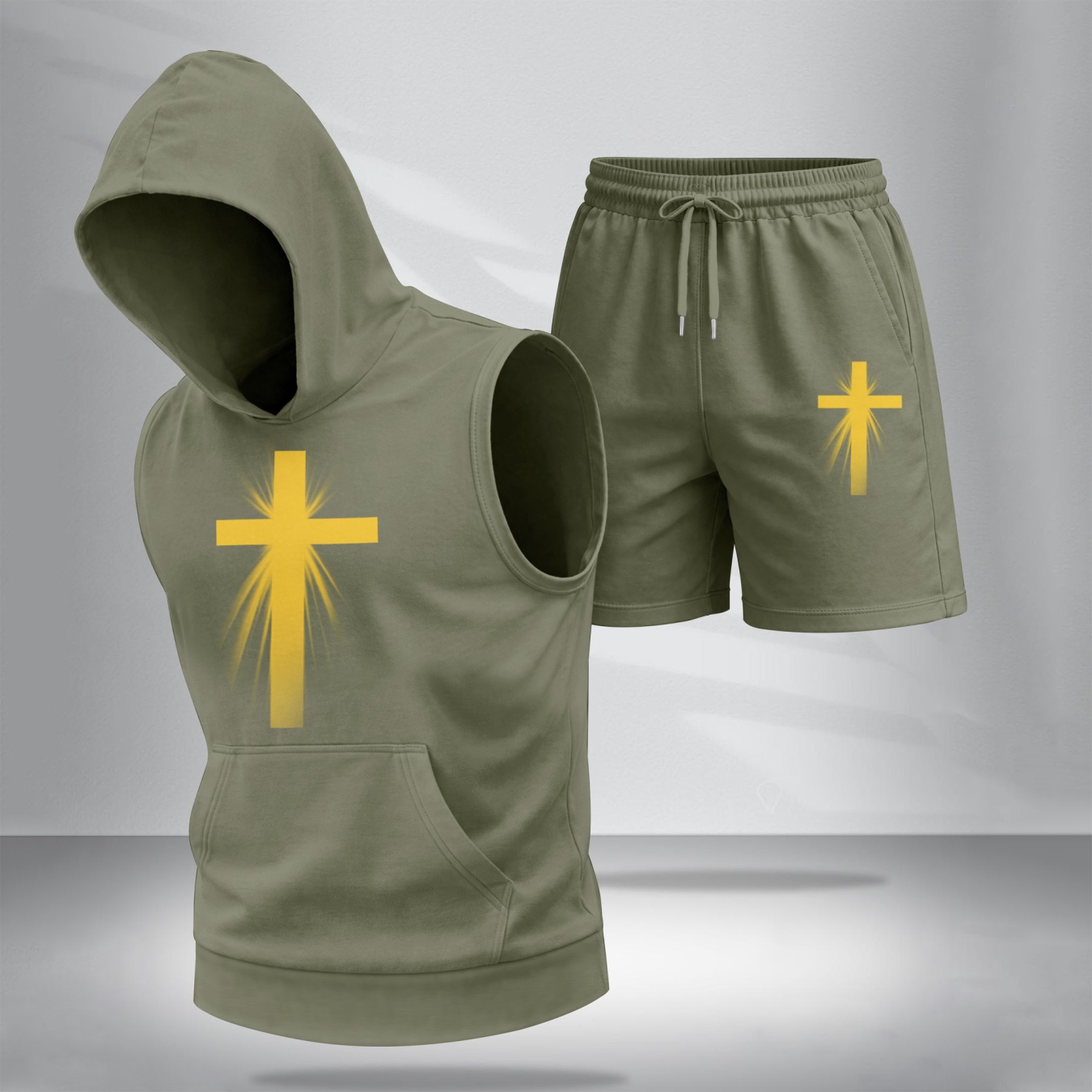 Conjunto de dos piezas Summer – Sleeveless sudadera con capucha & shorts, Faith & Prayer-Inspired Cross Design, casual Regular Fit Summer Outfit, Athletic Streetwear, Lightweight Summer Tracksuit para hombre