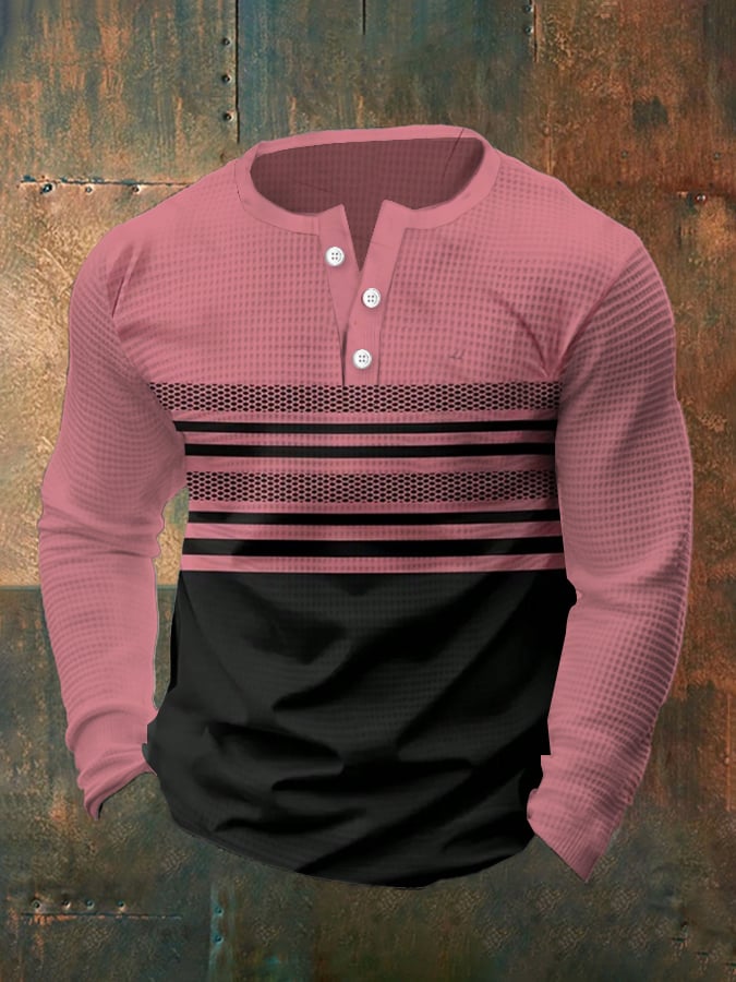 Camiseta vintage Waffle Color Patch Henley Neck para hombre