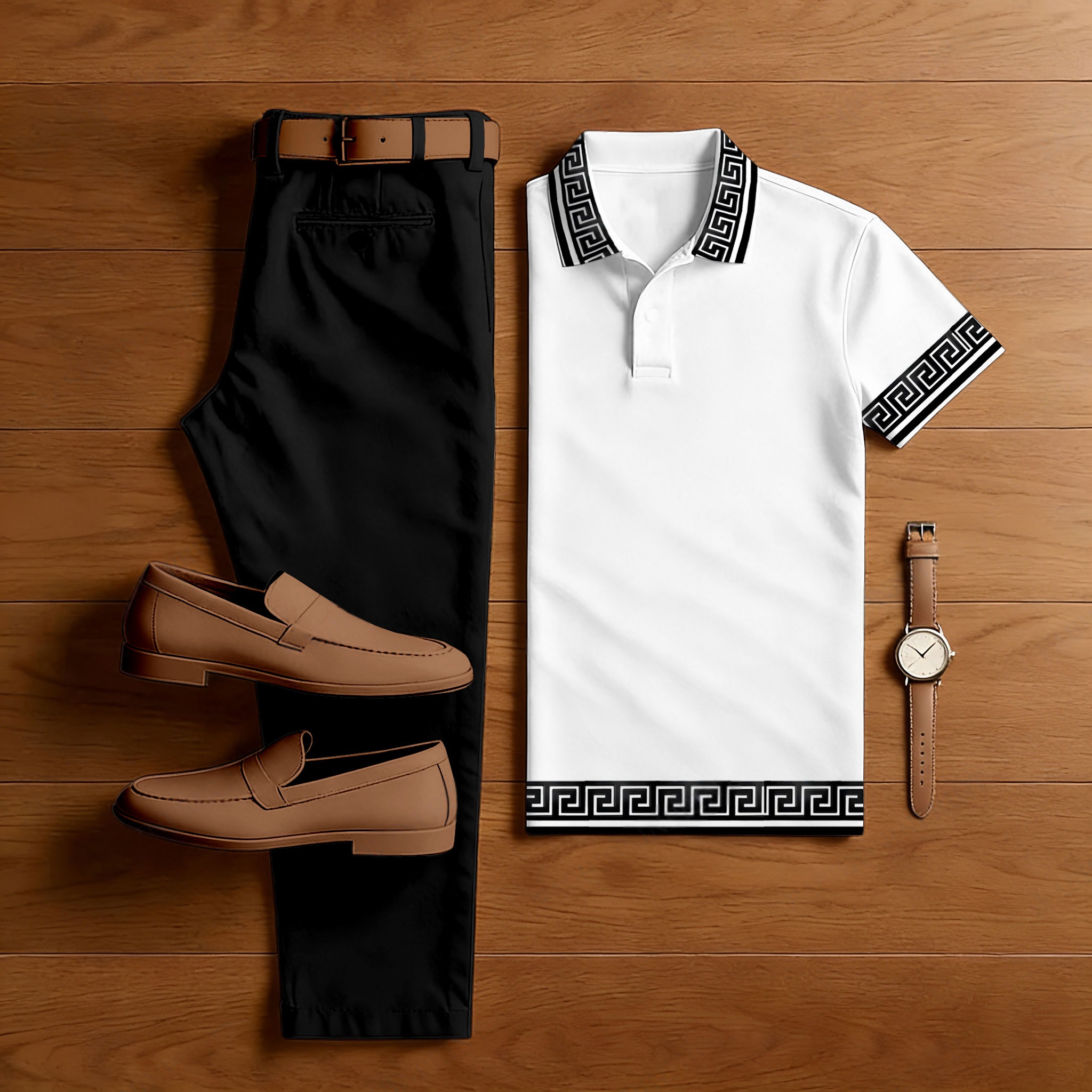 Conjunto de dos piezas casual Black & White Color Matching Ethnic Style estampado de manga corta camisa polo & Trousers para hombre