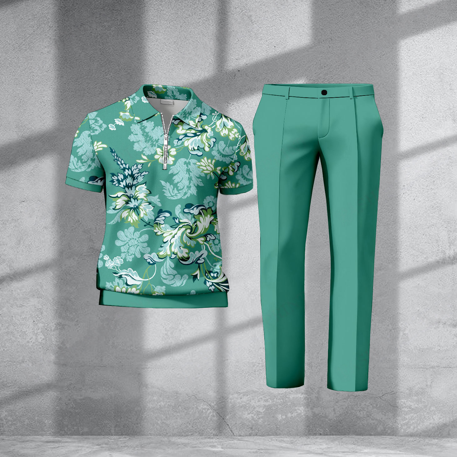 Conjunto de dos piezas casual Green estampado Polo de manga corta camiseta And pantalón para hombre