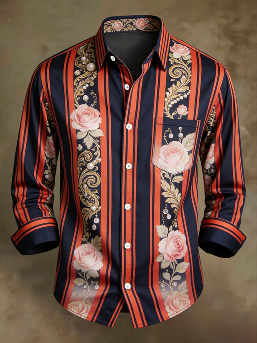 Camisa retro ejecutivo casual Baroque Rose a rayas de manga larga para hombre