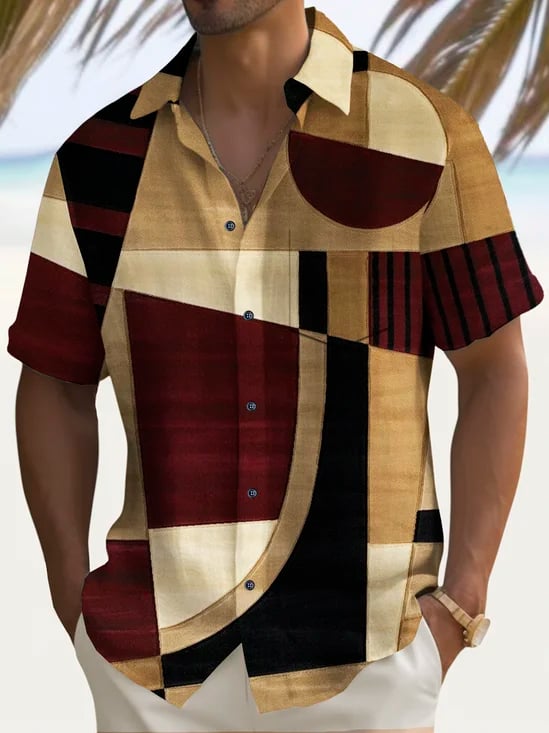 Camisa vintage Geometric estampado Chest Pockecamiseta Plus Size Big Tall para hombre