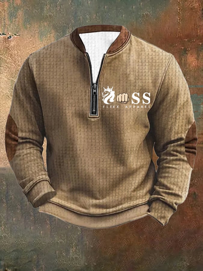 Sudadera retro Letter Design estampado cierre cuello Square jacquard para hombre