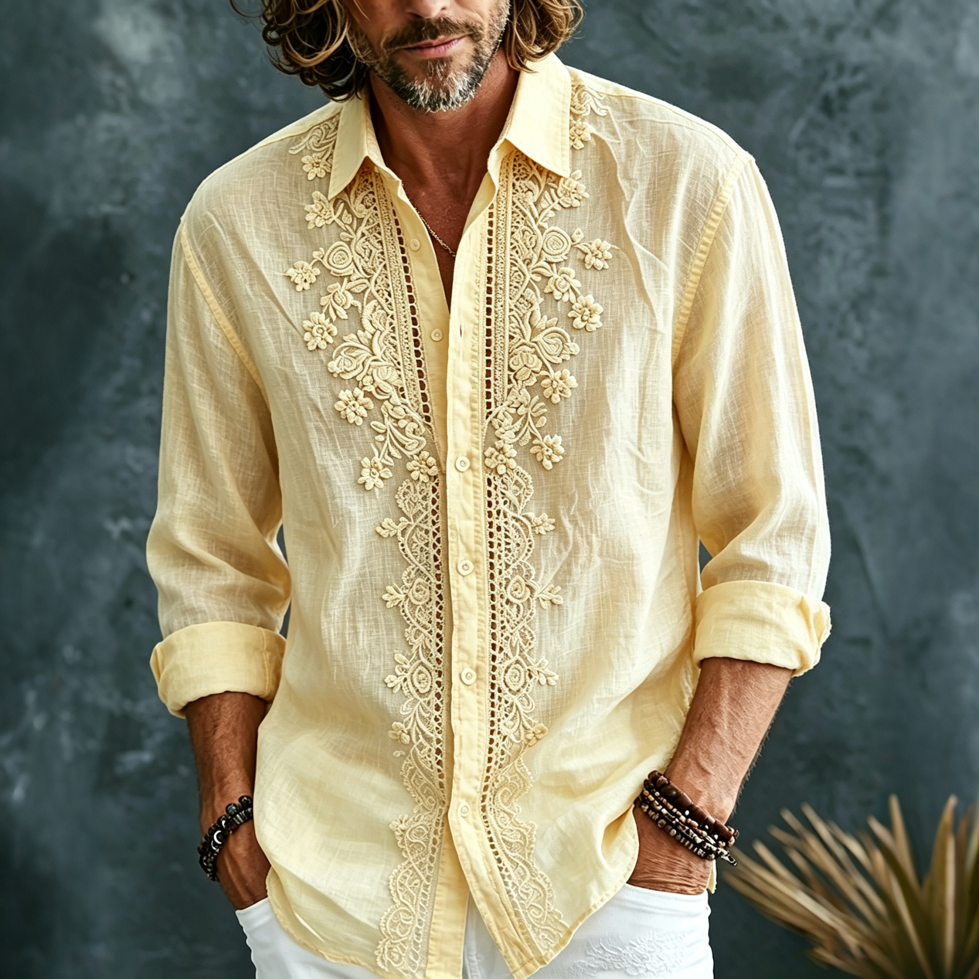 para hombre retro Vocation Yellow floral Embroidered Art Print Flowy de lino Blend de manga larga camisa