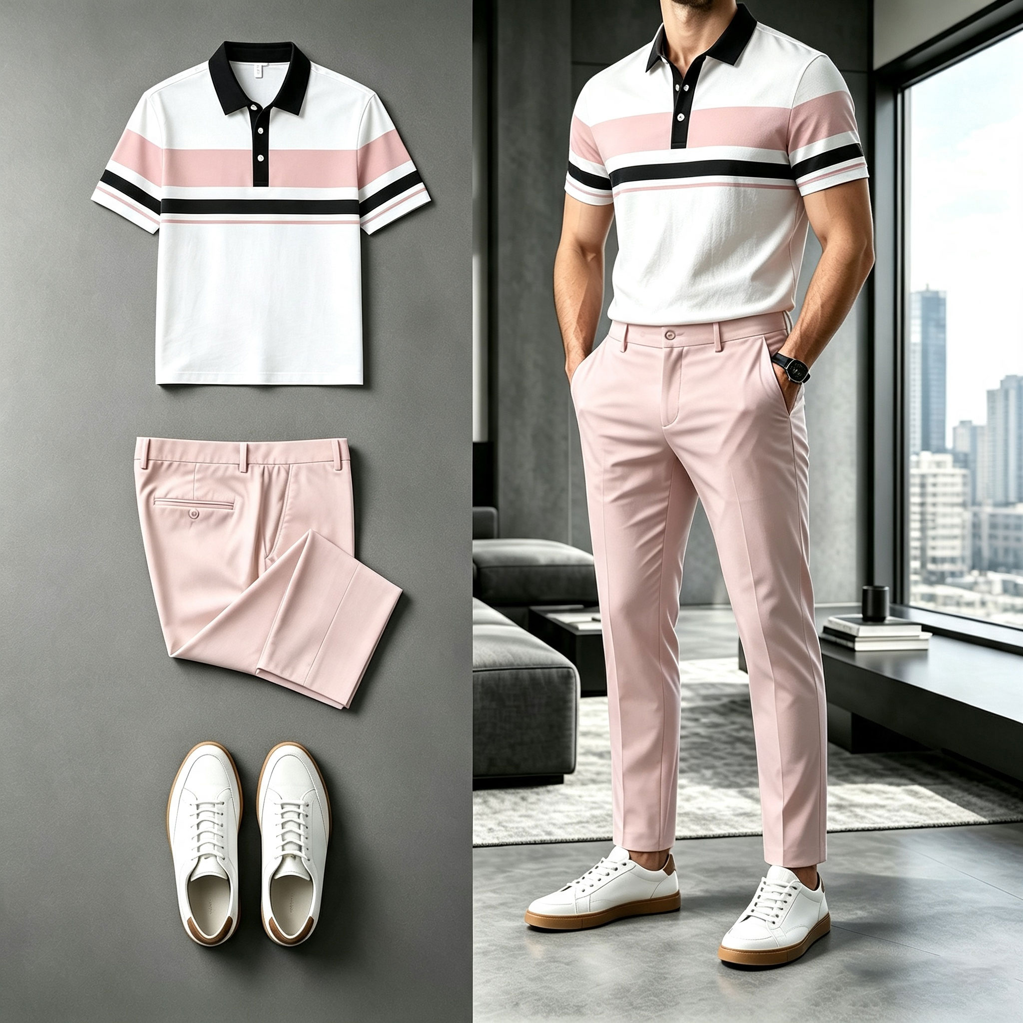 para hombre Two-Tone a rayas de manga corta camisa polo and pantalón Set