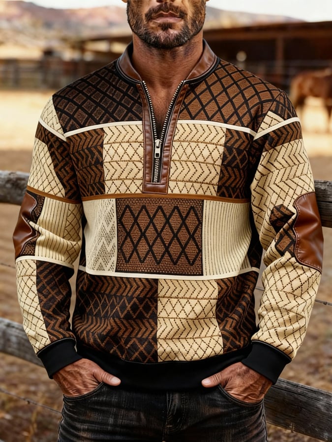Sudadera retro en bloques de color estampado cierre para hombre
