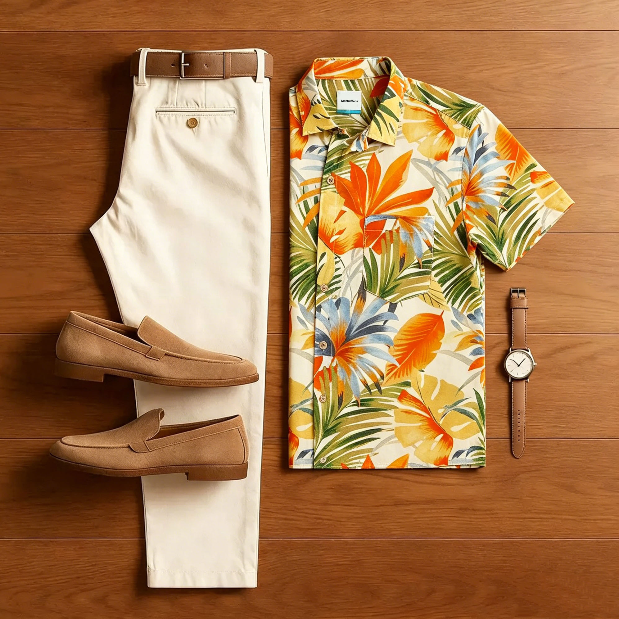 Conjunto de dos piezas Colorful Palm Leaves estampado With Collar camisa & pantalón para hombre