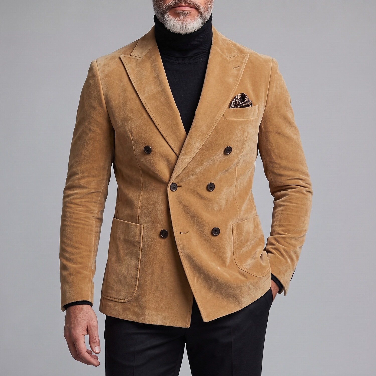 para hombre retro Khaki Suede Peak Lapel Double-Breasted Patch Pocket de corte entallado saco