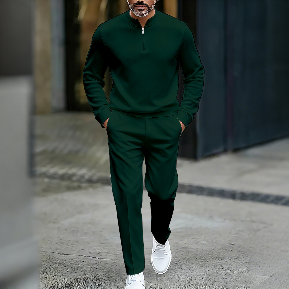 Conjunto de dos piezas casual de color sólido Round-Neck Zipper de manga larga Trousers para hombre