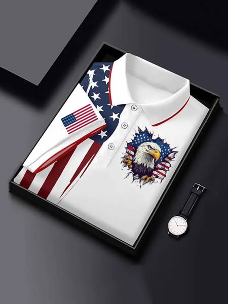 Camisa polo retro USA Flag Eagle estampado para hombre