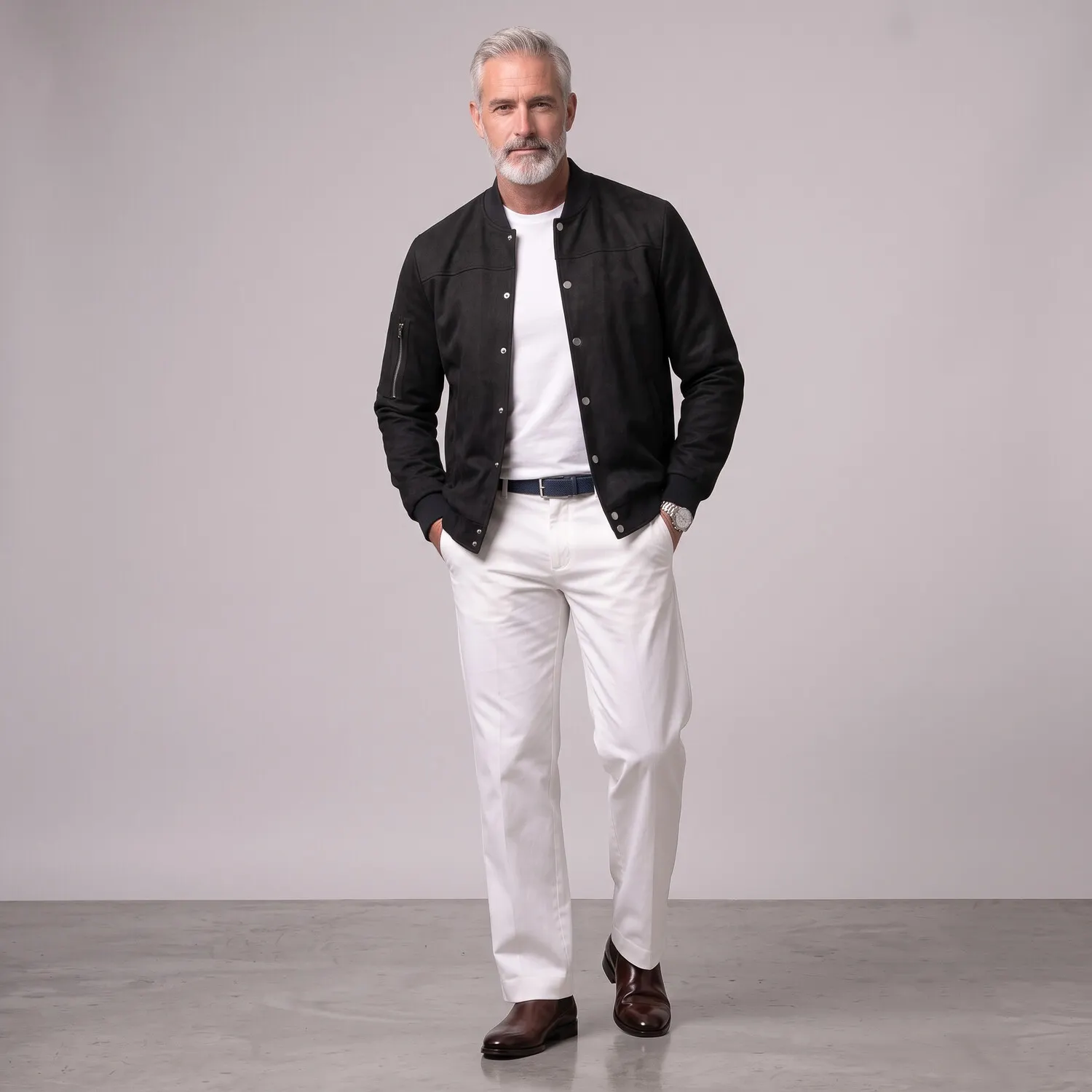 para hombre Suede Stand Collar Zipper Pocket Snap Button casual Bomber chaqueta