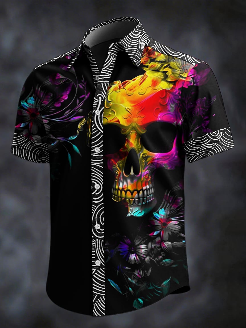 Camisa retro Skull estampado solapa de manga corta para hombre