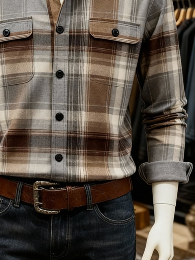 Camisa retro a cuadros Contrast Color de manga larga para hombre