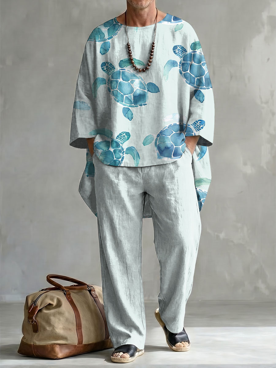 Summer Colorful Sea Turtle Decorative Pattern de manga larga de algodón de lino Top And pantalón conjunto de dos piezas