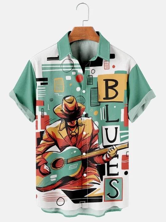 para hombre casual Simple Blues Music Guitar Print de manga corta Hawaiian camisa