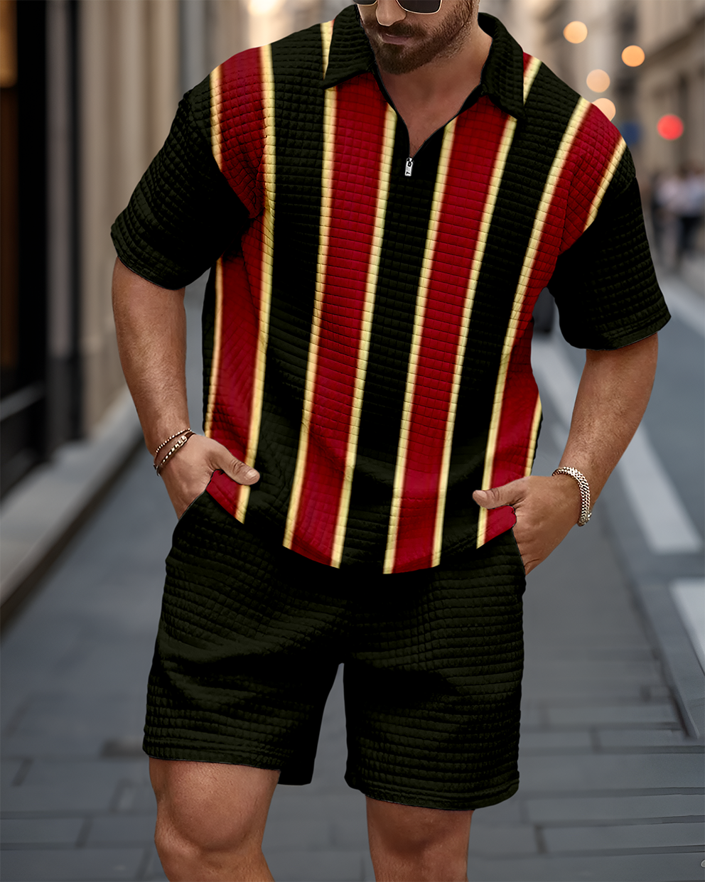 Casual Art estampado Waffle Texture Summer Polo Set 066 para hombre