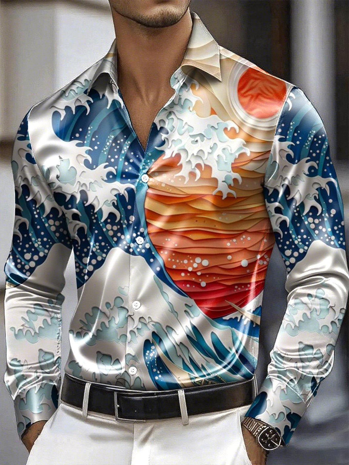 Camisa satén Luxe de manga larga con botones para hombre