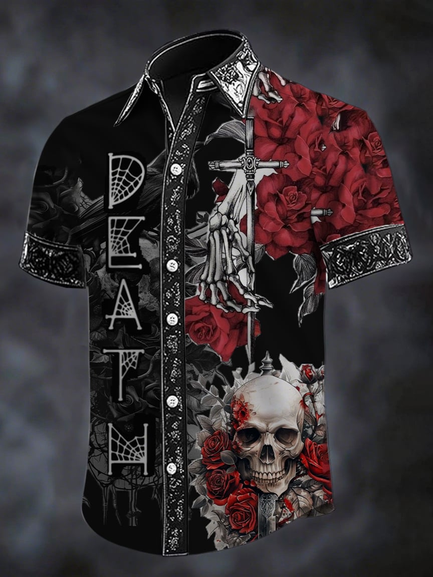 Camisa retro Skull Death estampado de manga corta para hombre