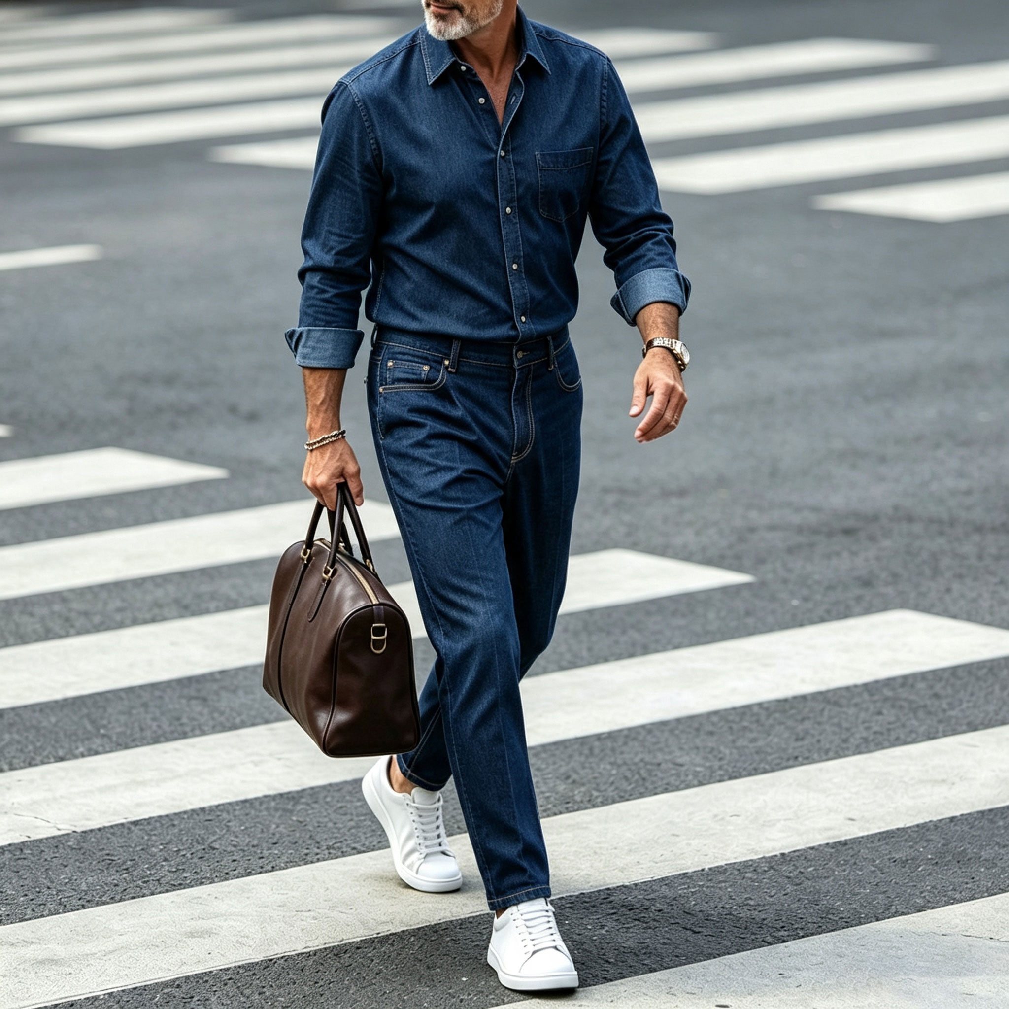 para hombre Denim-Colored de manga larga camisa and pantalón Set with a Collar