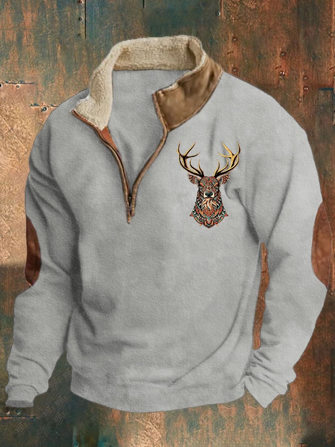 Sudadera retro Western estampado cierre Stand cuello para hombre