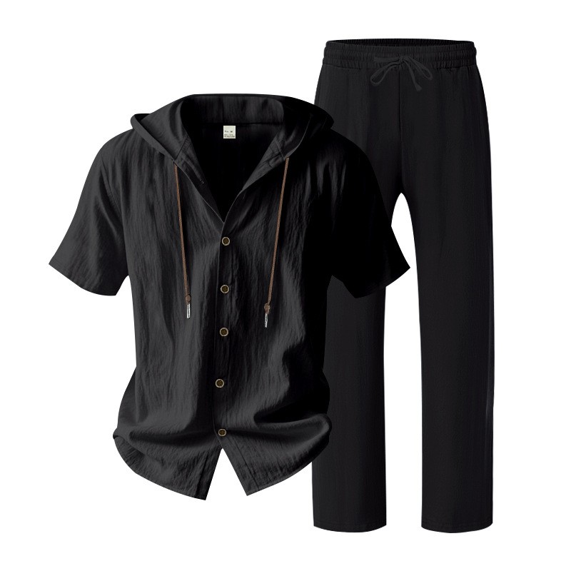 Conjunto de dos piezas de lino casual Hooded de manga corta camisa and holgado pantalón Set, Lightweight transpirable Summer Beach Vacation Outfit, Drawstring Relaxed Fit for para uso diario Wear Travel Resort Loungewear Comfortable elegante Summer Outfit para hombre