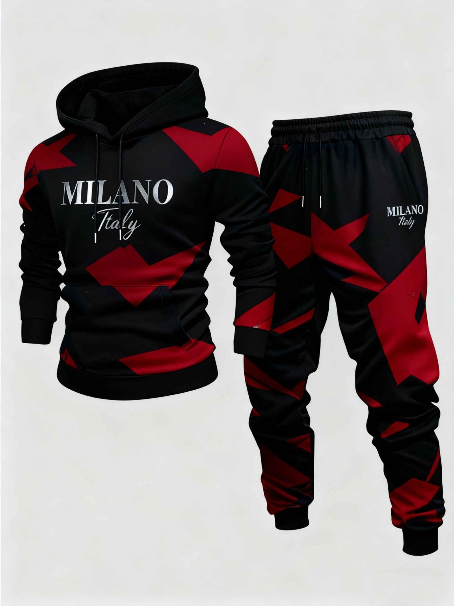 Conjunto de dos piezas casual Black & Red Color Matching Geometric estampado sudadera con capuchas de manga larga sudaderas & Sweatpantalón para hombre