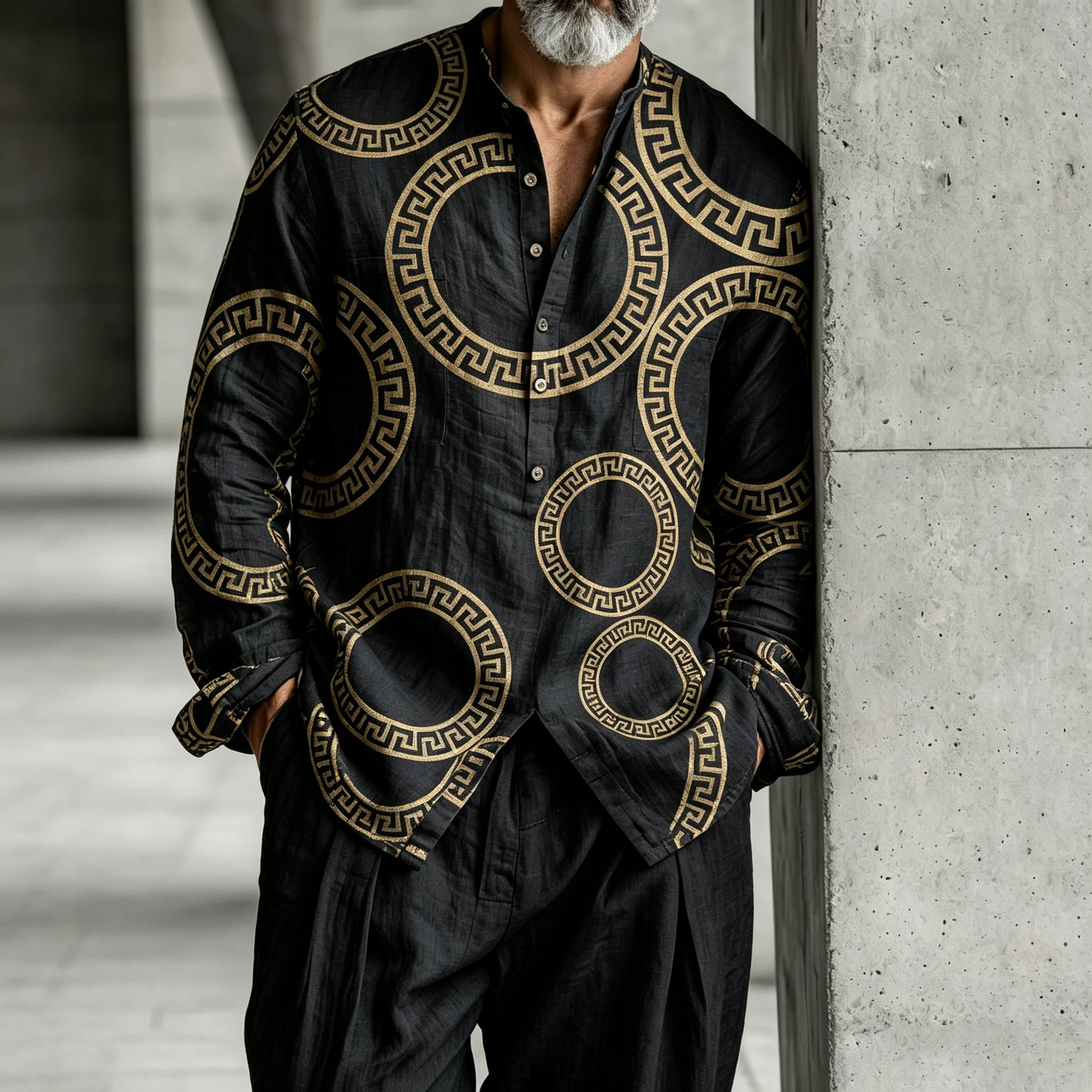 para hombre Black and Gold Color-Blocked Stand-Up Collar Half-Button Henry camisa and pantalón