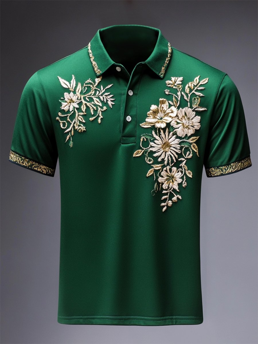 Camisa polo ejecutivo floral estampado con botones de manga corta para hombre