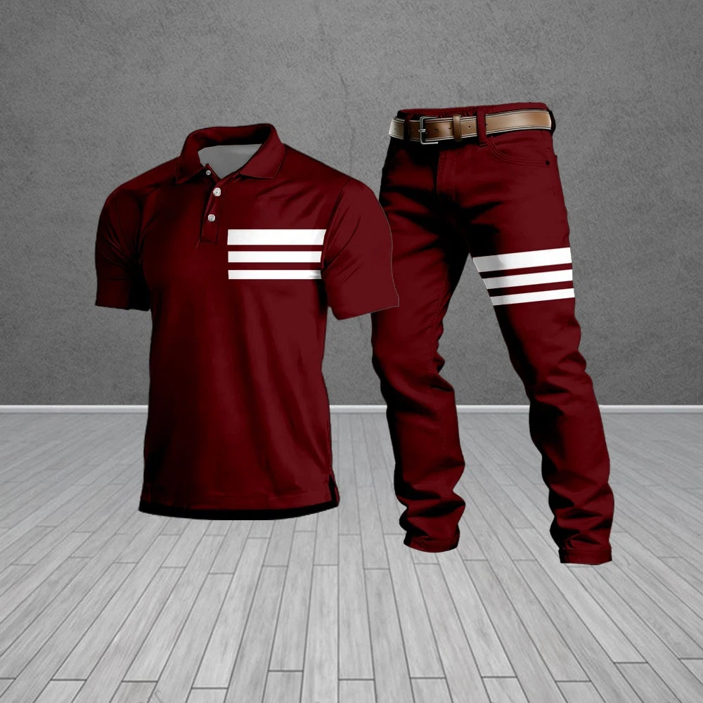 Conjunto de dos piezas casual Red & White Geometric Pattern de manga corta camisa polo And Trousers para hombre