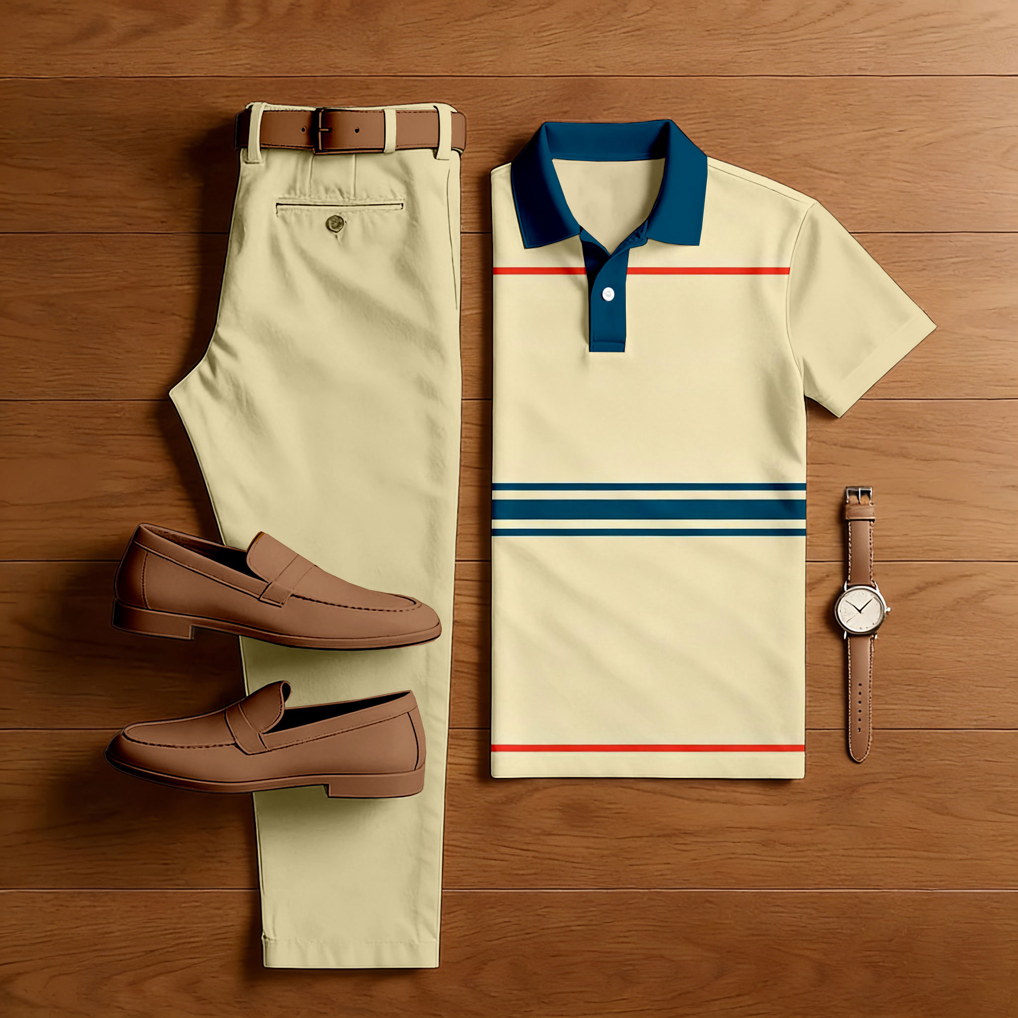Conjunto de dos piezas casual Yellow & Blue Color Matching a rayas estampado de manga corta camisa polo & Trousers para hombre