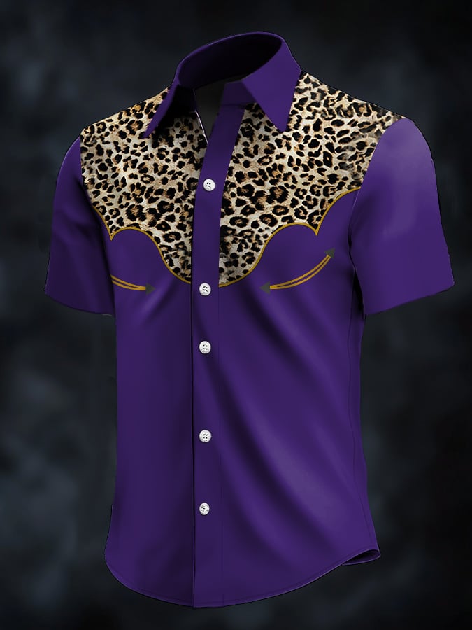 Camisa retro Western Contrast estampado de manga corta casual para hombre