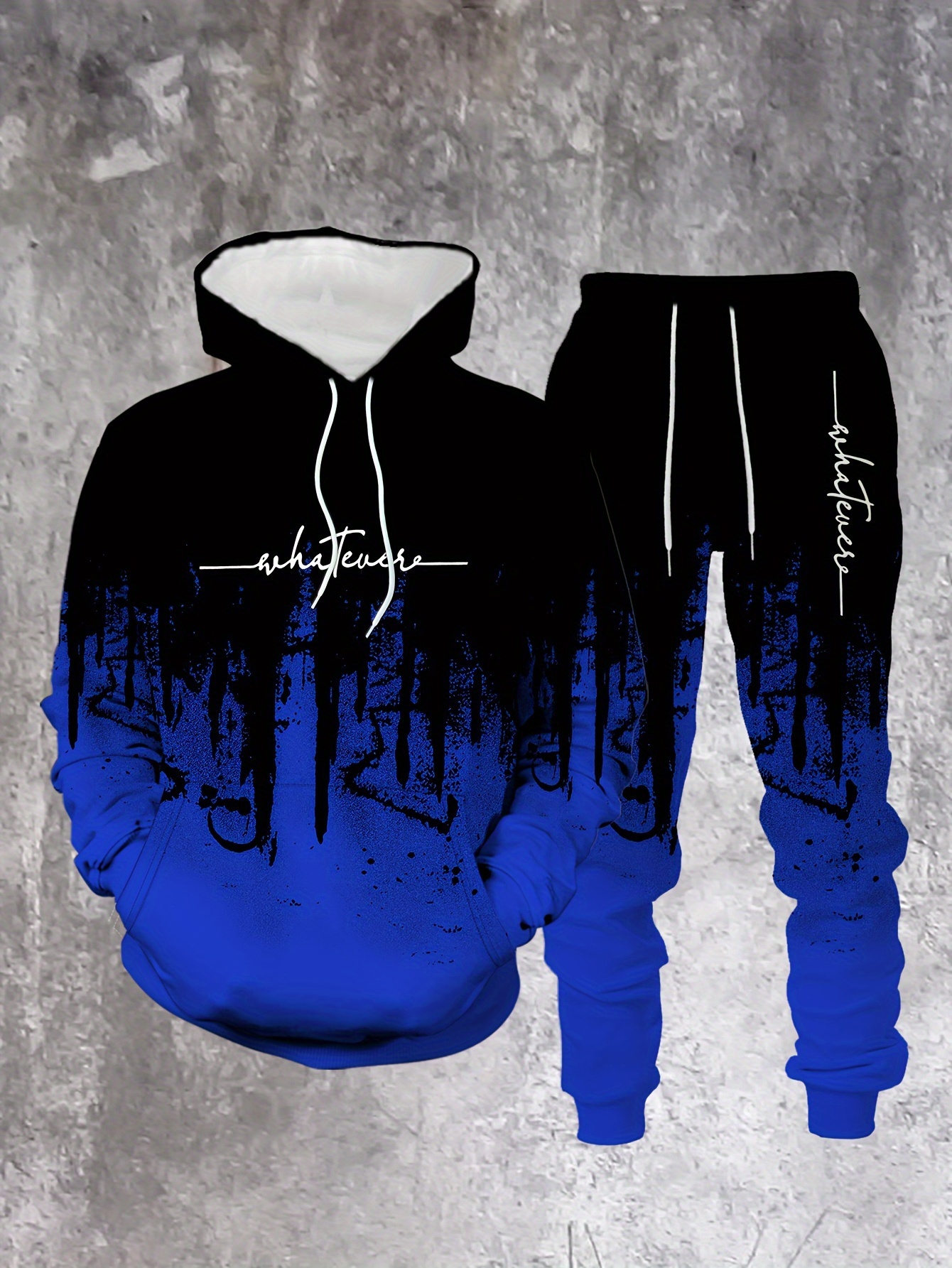 Conjunto de dos piezas casual Black & Royal Blue Gradient Color estampado sudadera con capuchas de manga larga sudaderas & Sweatpantalón para hombre