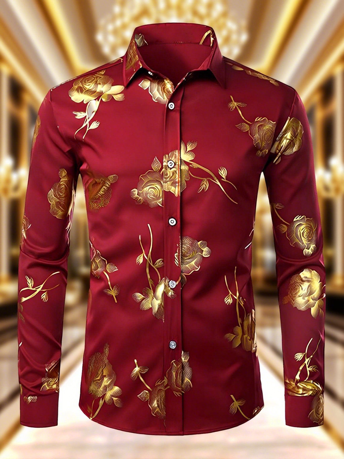 Camisa satén Luxe floral de manga larga con botones para hombre