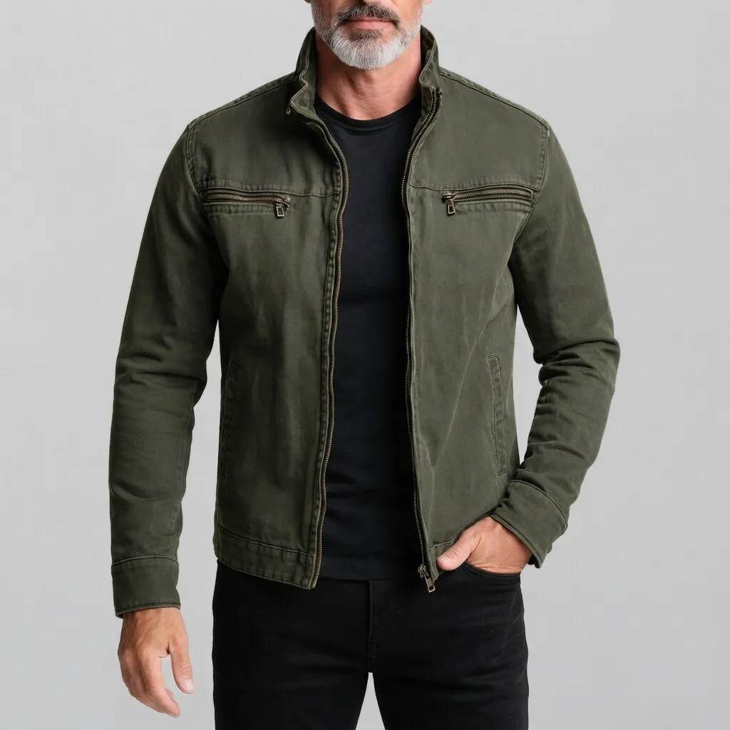 para hombre vintage Army Green Stand Collar Zipper Pockets Slim chaqueta