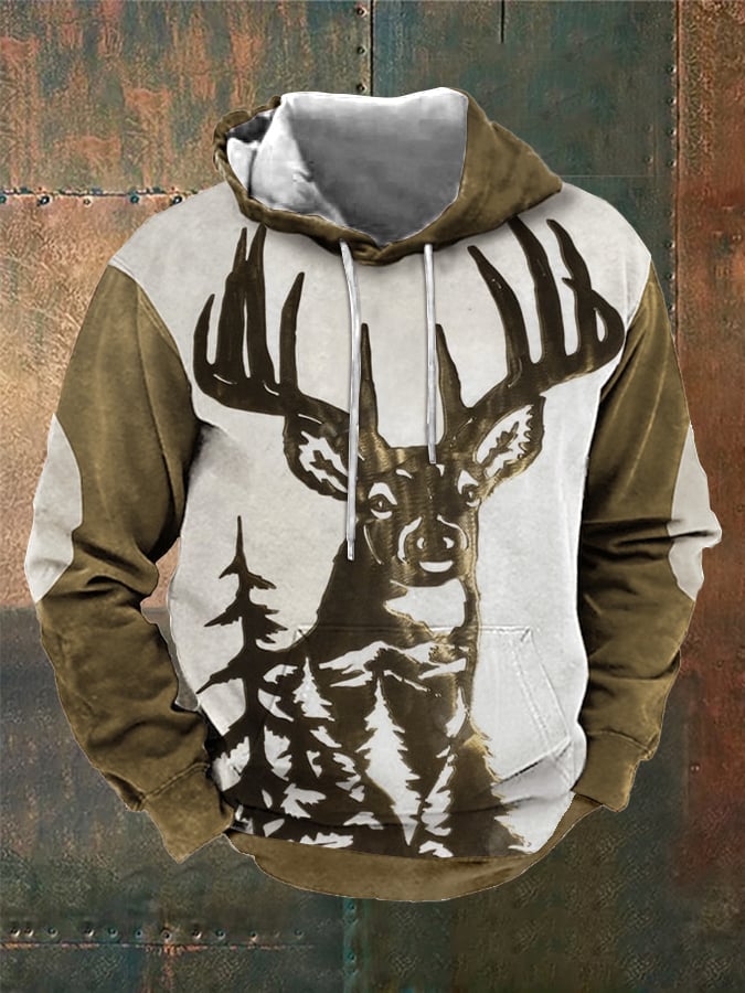 Sudadera retro Three-Dimensional Engraved Elk estampado Hooded para hombre