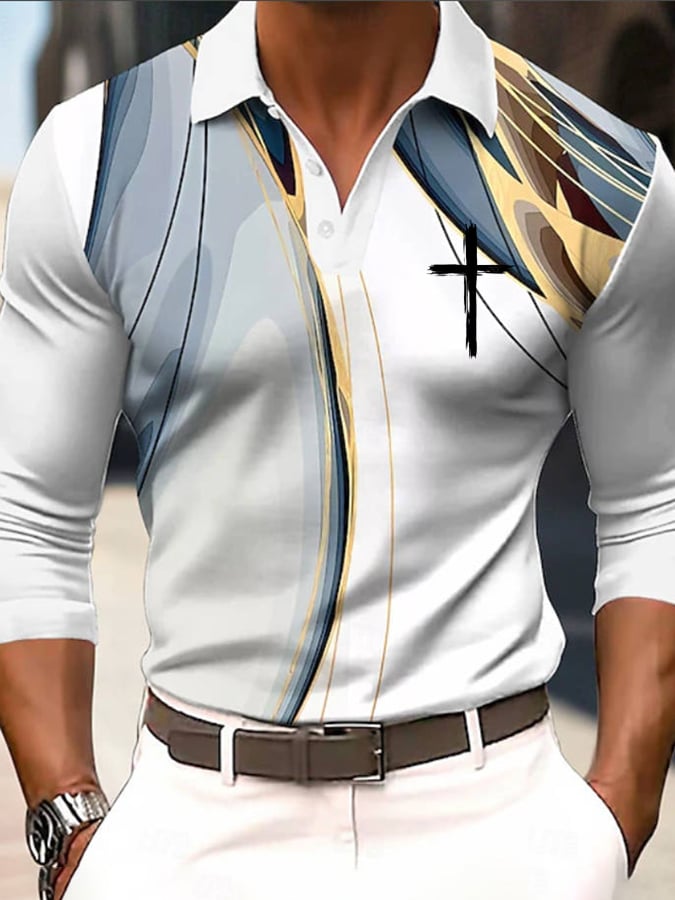 Casual Faith Contrast Color de manga larga Polo para hombre