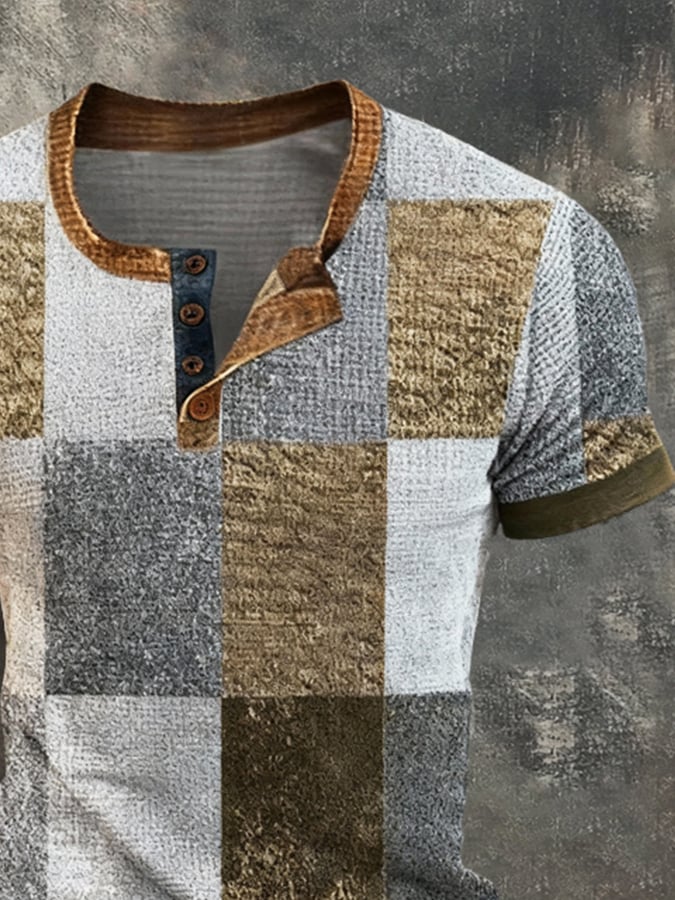 Camiseta vintage-Style Color-Block de manga corta With Henley cuello para hombre