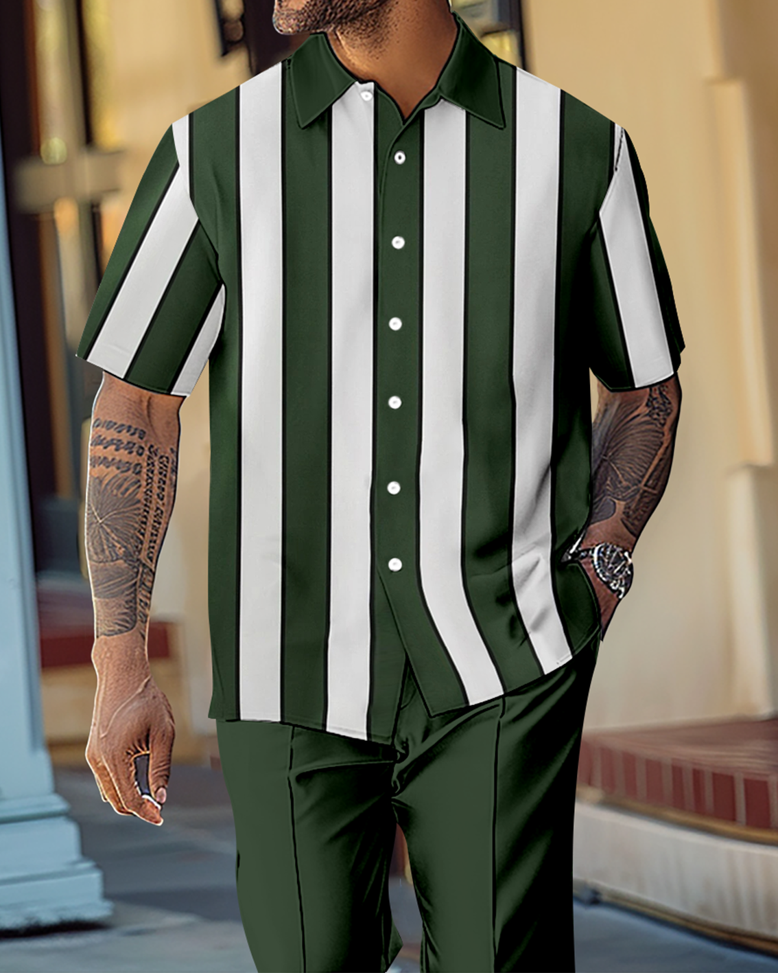 Camisa retro Colorblock de manga corta Walking Suit 1159 para hombre
