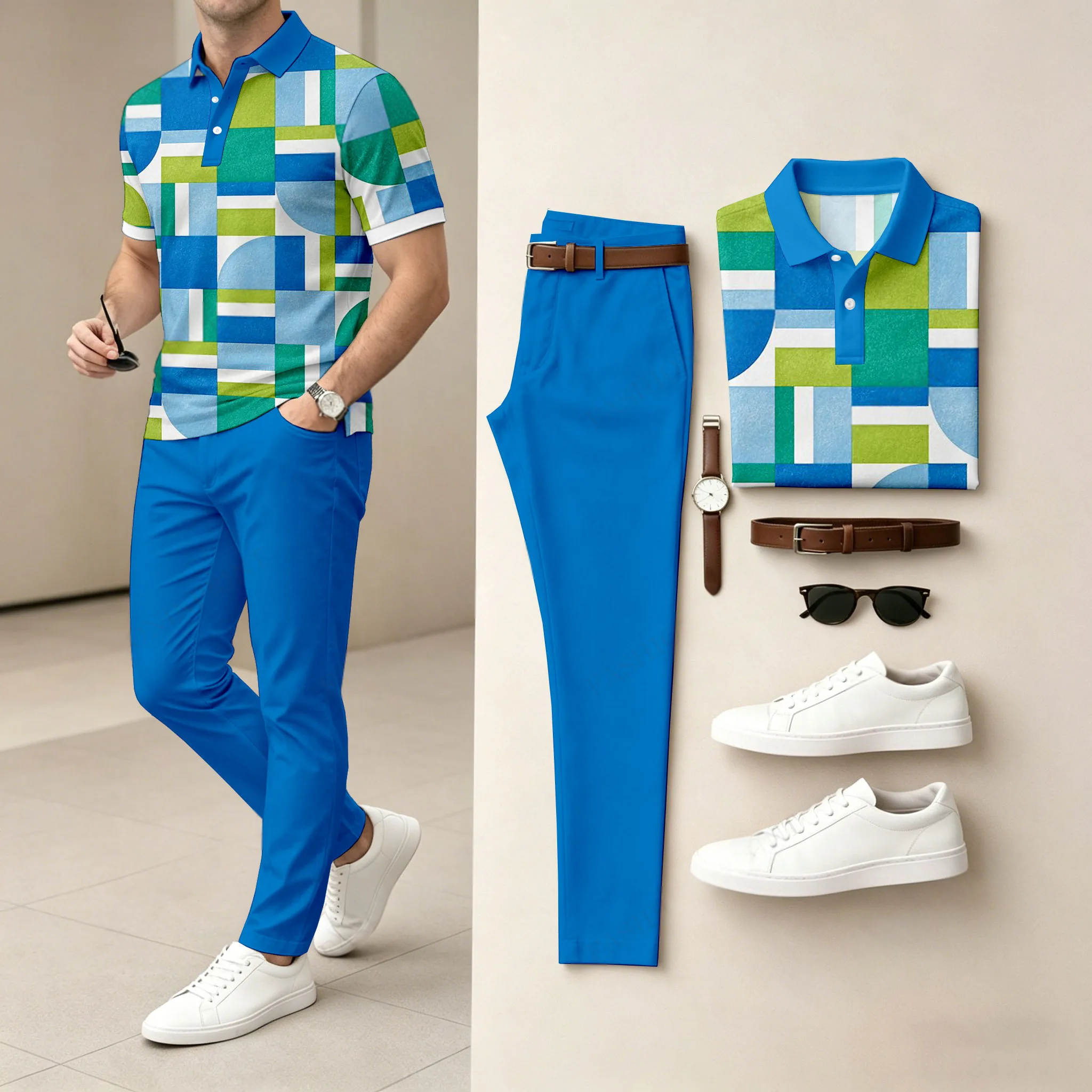 Conjunto de dos piezas Colored Geometry casual estampado camisa polo And pantalón para hombre