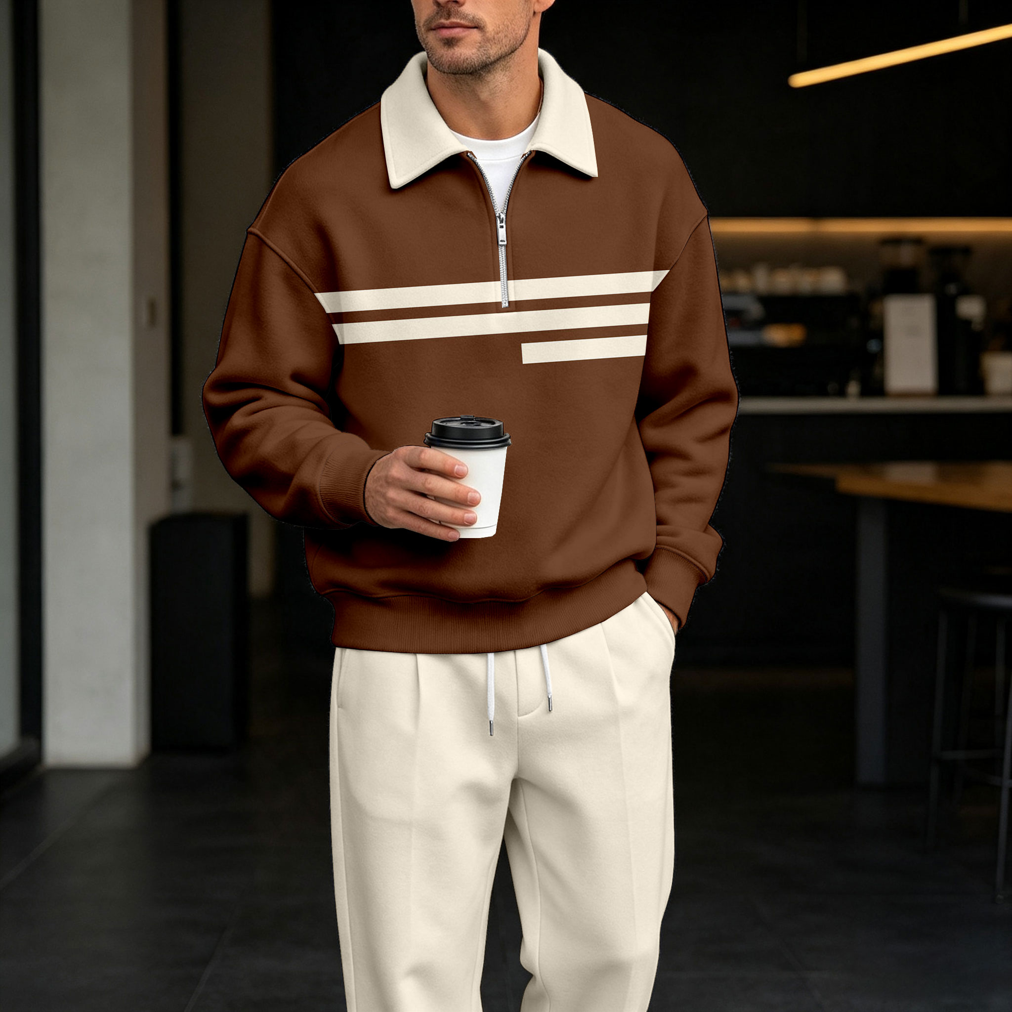 para hombre Color-Blocked a rayas Zipper camisa polo and pantalón Set